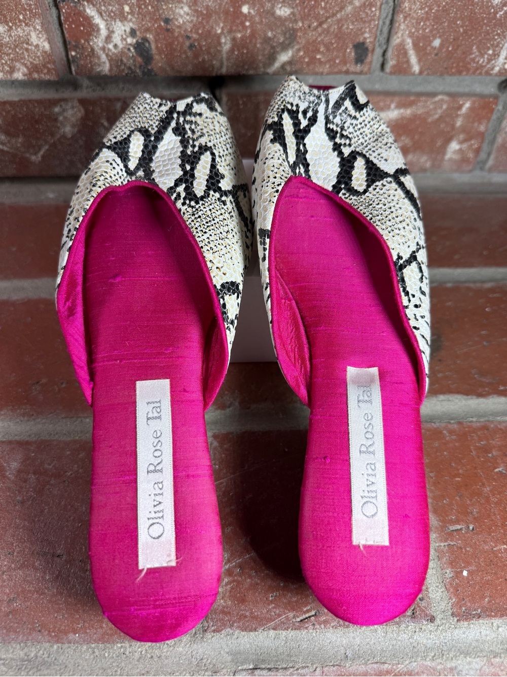 Olivia Rose Tal Pink-Trim Snake-Print Pointed Flats